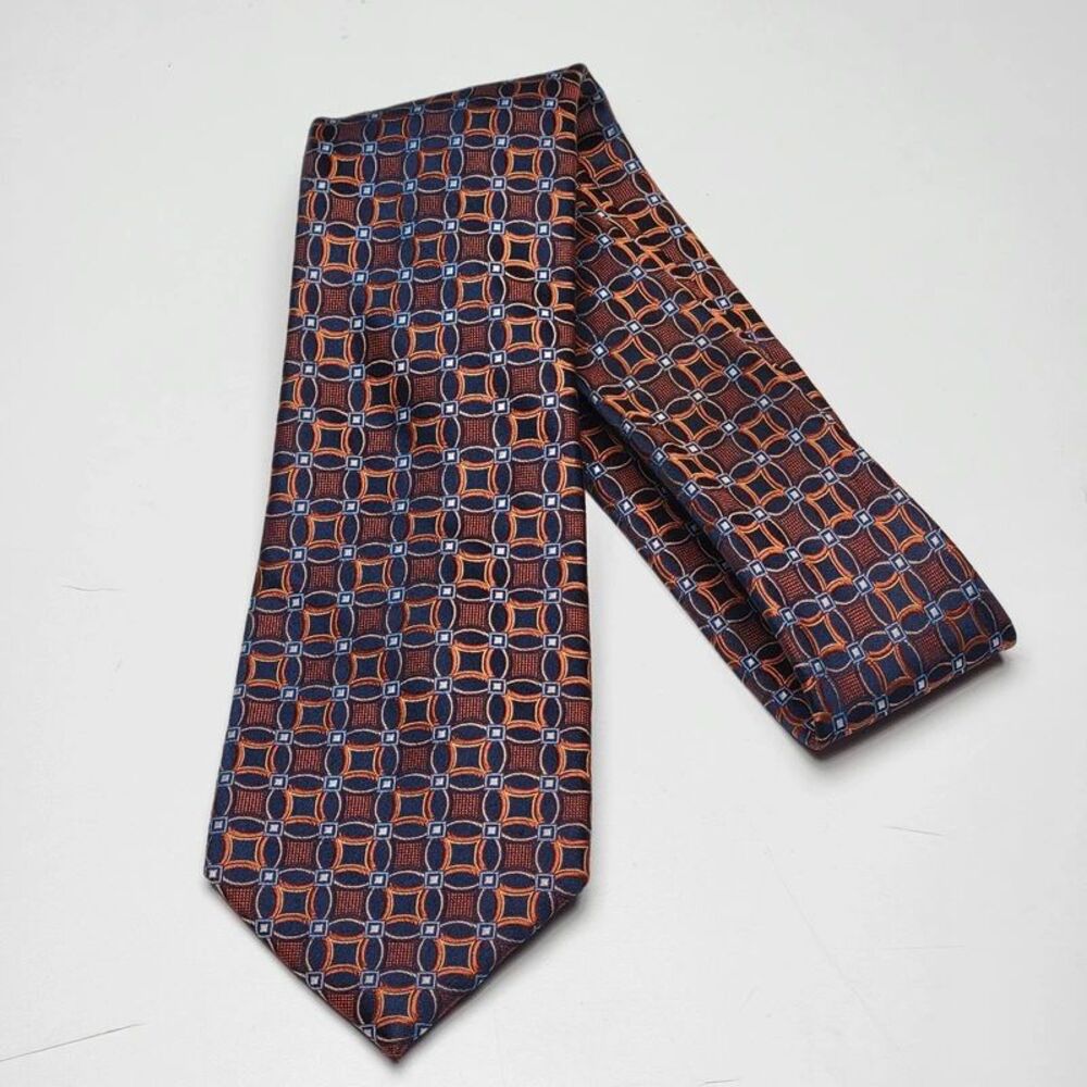 Nordstrom Men’s Shop Silk Tie Foulard Neat Geometric Blocks Orange Blue Classic